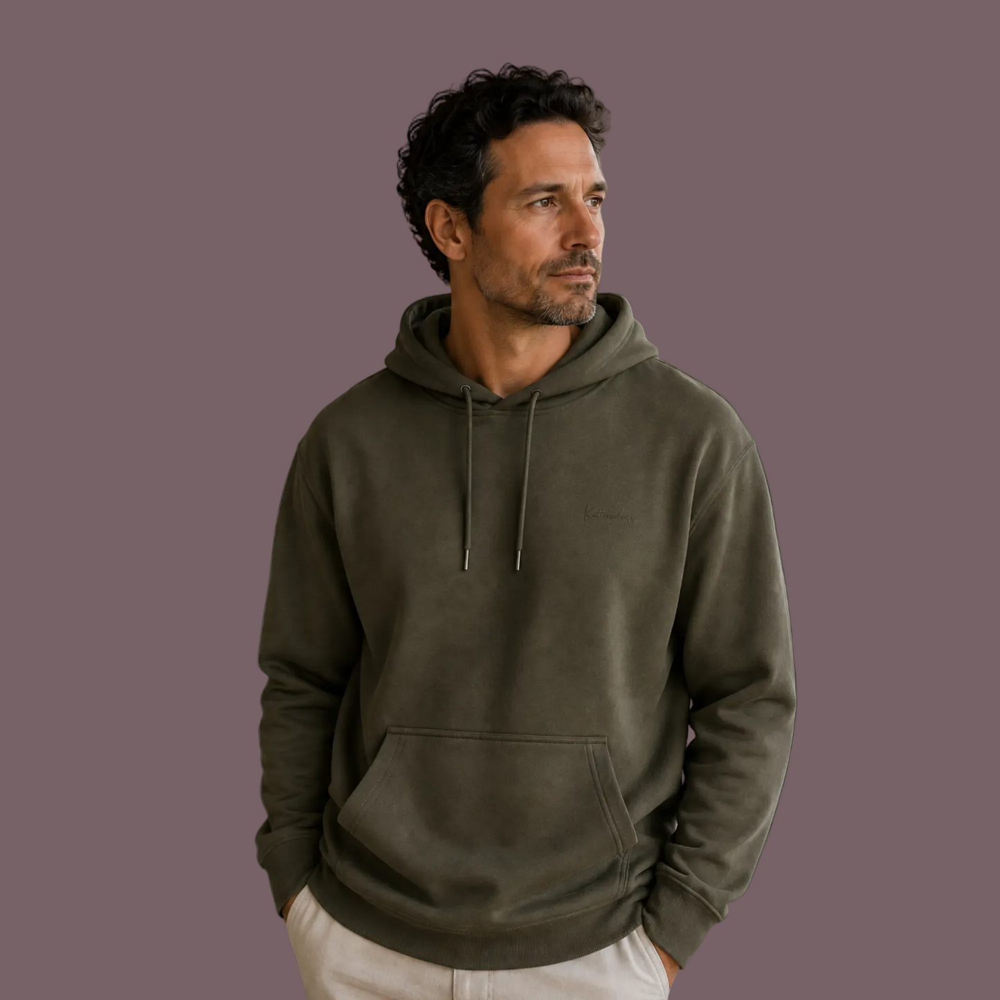 Hoodie in Khaki Green with Embroidered Print