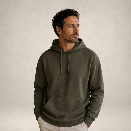 Hoodie in Khaki Green with Embroidered Print